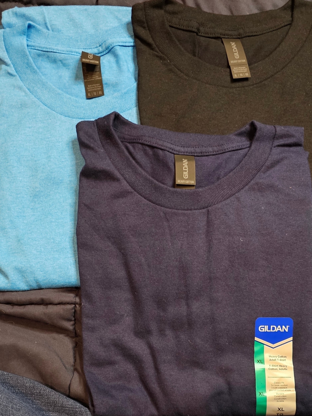 Gildan Three-Pack Crew Neck Tees in Light Blue, Black, Navy